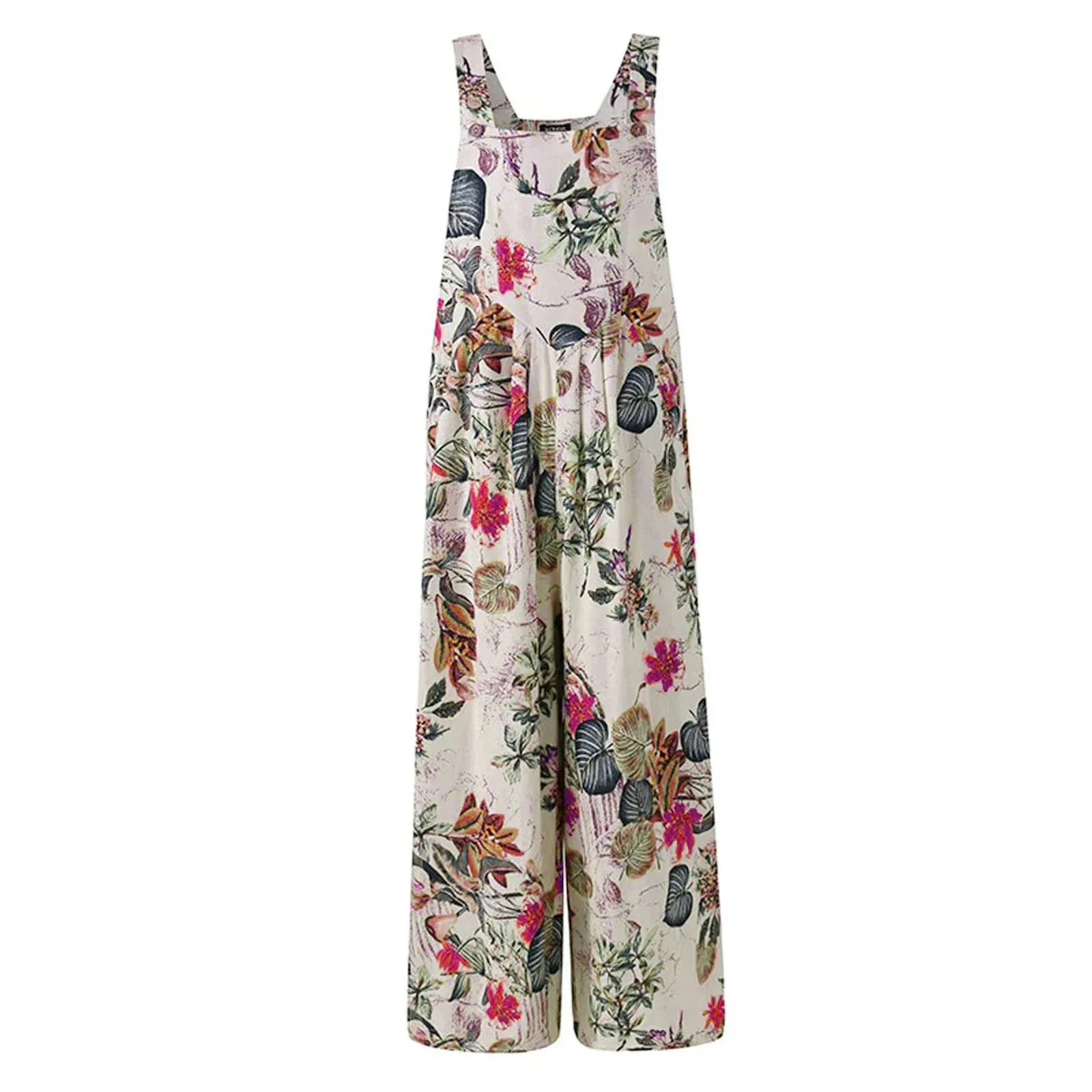 Women Jumpsuit Vintage Leaf Floral Print Square Neck Sleeveless Romper