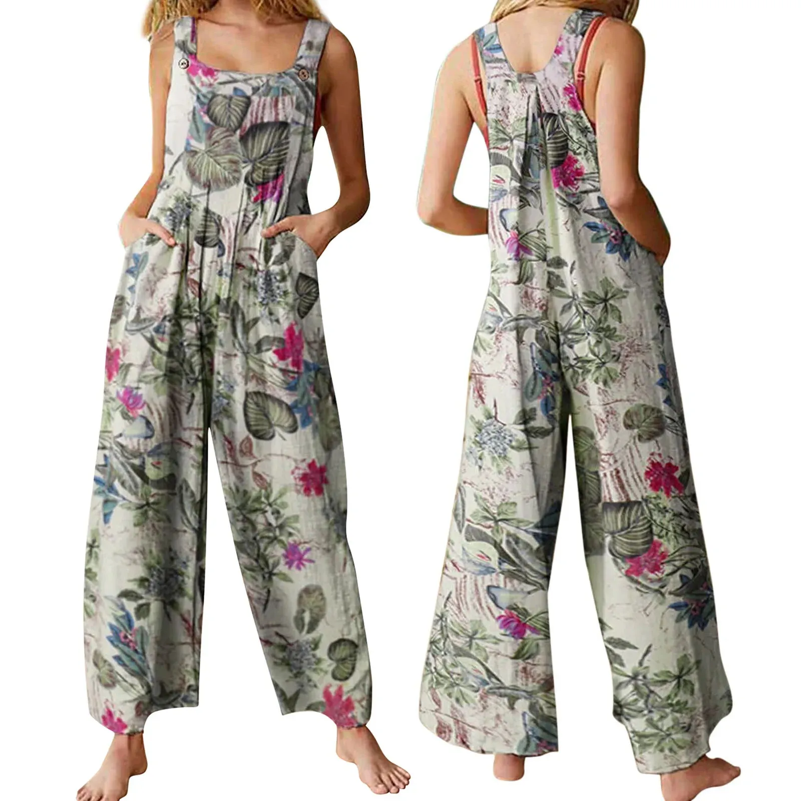 Women Jumpsuit Vintage Leaf Floral Print Square Neck Sleeveless Romper