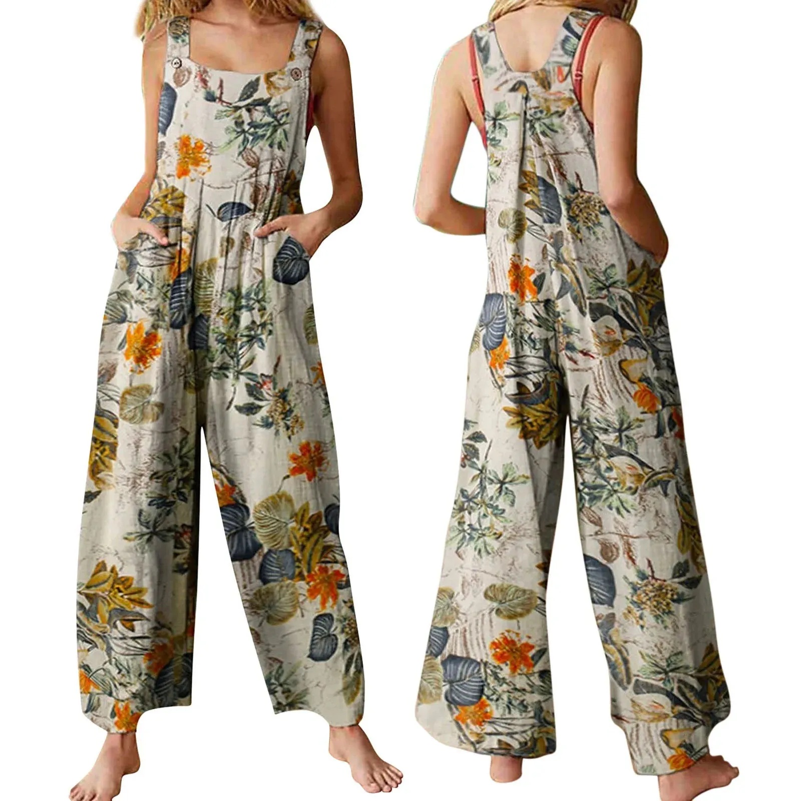 Women Jumpsuit Vintage Leaf Floral Print Square Neck Sleeveless Romper