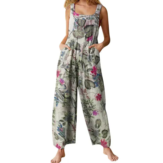 Women Jumpsuit Vintage Leaf Floral Print Square Neck Sleeveless Romper