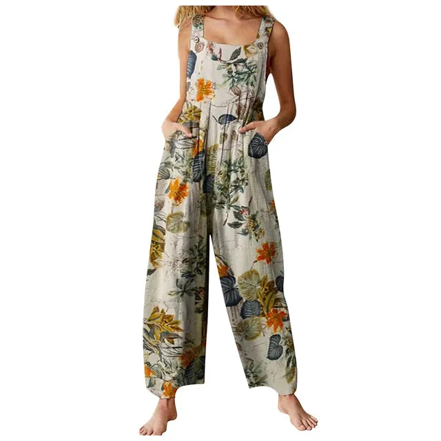 Women Jumpsuit Vintage Leaf Floral Print Square Neck Sleeveless Romper