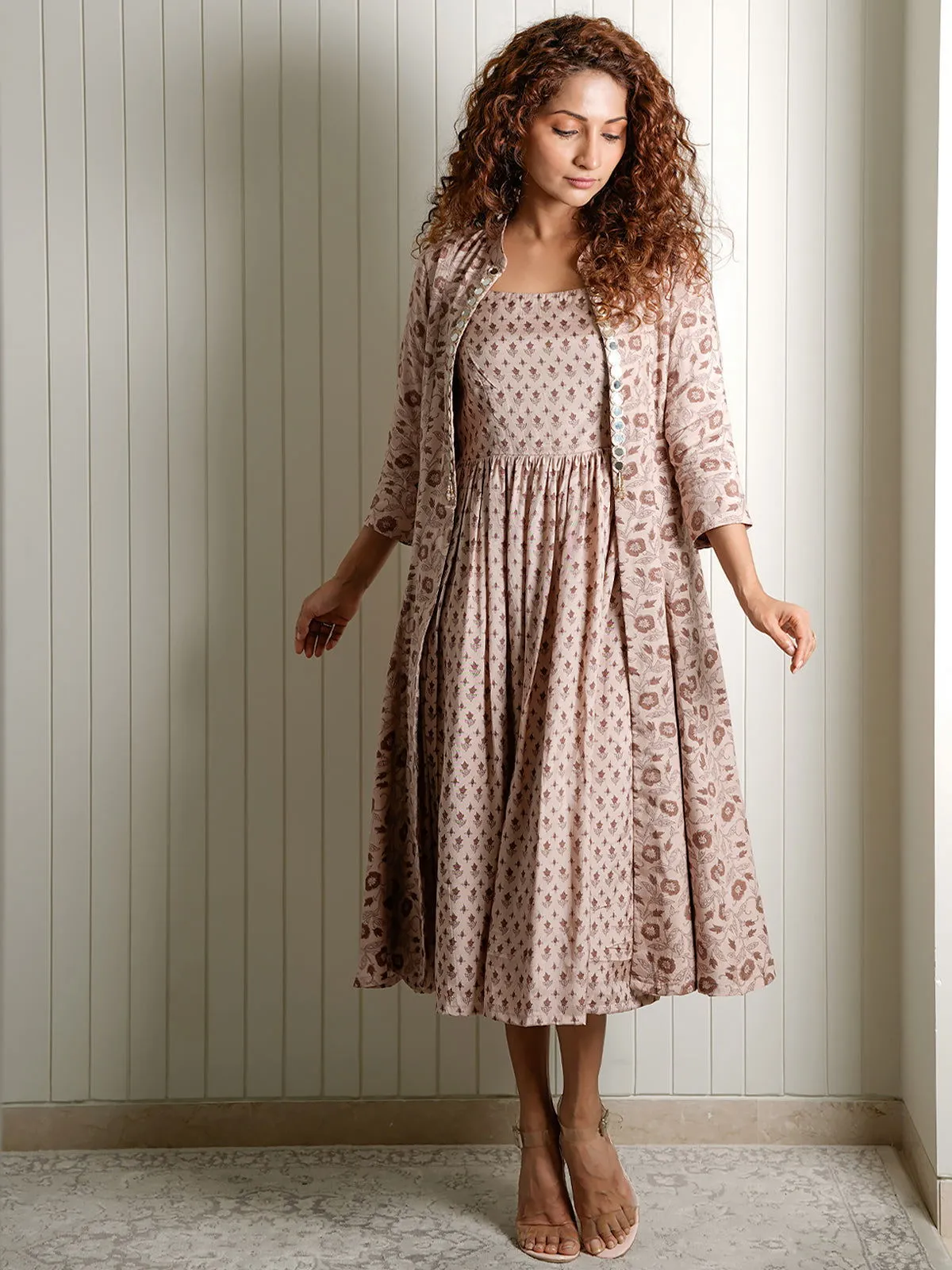 Women Viscose Printed Regular Fit Jacket&Dress Brown