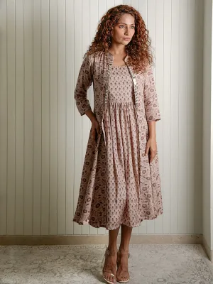 Women Viscose Printed Regular Fit Jacket&Dress Brown